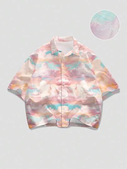 Street Life قميص رجالي أكمام قصيرة بأزرار أمامية مطبوع بطبعة السحاب للصيف