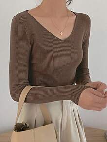 DAZY Women V-Neck Slim Fit Thin Long Sleeve Knit Sweater Fall/Winter