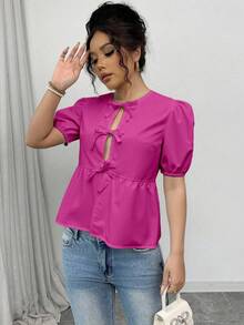 SHEIN Unity 女士开衫，泡泡袖衬衫，女士上衣，领结带 - 玫紅色 - 查看 5