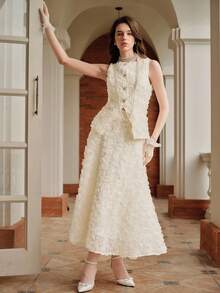 SHEIN Unity Bộ 2 món: Áo khoác cardigan không tay họa tiết hoa jacquard thanh lịch và chân váy - Màu be - Xem 3