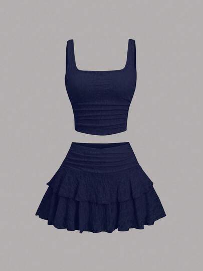 Sweetra Women's Fashionable Lace Ruffle Camisole & Cake Skirt 2-Piece Set, Versatile For Daily Wear And Vacation, Spring/Summer