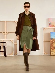 Chiquease Falda de cintura alta con nudo y abertura en el bajo, estilo bohemio, para mujer - Verde - Ver 3