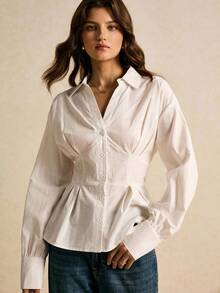 Poéselle Women's Shirts, Tie Back Waist, Button Closure, Fitted Waist Shirts, White Shirts, Long Sleeve Shirts, Women's Blouse, Casual Women's Solid Color Long Sleeve Single-Breasted Waist Casual Shirt Fall Clothes For Women Autumn Outfits For Women Winter Clothes For Women  Women's Winter Clothes - White - View 4