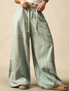 Bohemela 休闲宽松阔腿牛仔裤 - 軍綠色 - 查看 2
