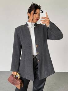 Firerie Áo khoác ngoài tay dài thanh lịch màu trơn cỡ lớn cài nút phía trước, áo khoác vest thu/đông cho nữ, áo khoác blazer nữ, áo khoác blazer nữ - Màu xám đen - Xem 4