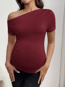 SHEIN Maternity Casual Everyday Solid Color Asymmetrical Neck Ruched Fitted T-Shirt, Summer - Burgundy - View 5