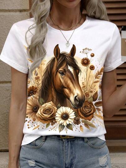 SHEIN LUNE Women's Horse Pattern Printed Short Sleeve Crew Neck T-Shirt, Summer Graphic Tees Women Tops