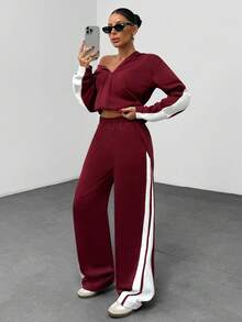 EURMUSE Women's Color Block Sweat Set – Zip Up Hooded Cropped Jacket And High Waist Wide Leg Sweatpants, Elastic Waist, Contrast Panel, Casual Two Pieces Loungewear Tracksuit, Sporty Street Style Co-Ord 2 Pieces Casual Sets Woman Two Pieces Pants Set Woman 2 Pieces Outfits Women's Two Pieces Outfits Casual Two Pieces Set - Burgundy - View 5