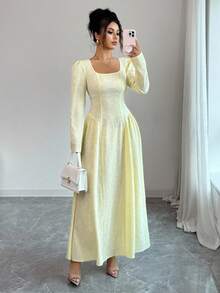 Elenzga Women's Elegant Pale Yellow Jacquard Fabric High-End Backless Bowknot Waist Patchwork A-Line Long Sleeve Midi Dress,Autumn Date Work Commute Cloth - Yellow - View 3