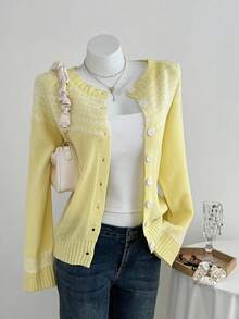 Flirla Women's Cute Outdoor Yellow Graphic Crew Neck Long Sleeve Knit Cardigan, Suitable For Vacation Yellow Cardigan Cottagecore Cardigan. Fall Essentials. - Yellow - View 3