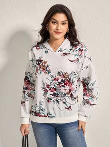 Comfylo Plus Floral Print Drop Shoulder Hoodie Fall Women Clothes Fall Clothes Plus Size Fall Outfits For Women  Fall Outfits Women Light-Colored Printed Knitted Sweatshirt Winter Autumn - White - View 5