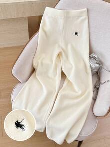 Elamini Women's Casual Versatile Outdoor White Embroidered Long Tie-Up Knit Sweater Pants - Beige - View 5