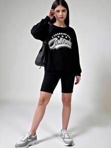 Ontre 2pcs Tween Girl Letter Graphic Crew Neck Sweatshirt And Cycling Shorts Set - Black - View 1