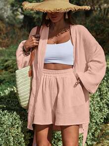 EURMUSE 2pcs Textured Cotton Crinkle Casual Shirt And Shorts Set - Pink - View 5