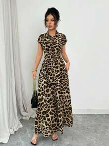 Rafferiza Women's Elegant Leopard Print Collared Short Sleeve Button Down Waist Dress Long Leopard Dress Women Leopard Dress Casual Leopard Print Dress Leopard Print Dress Animal Print Maxi Dress