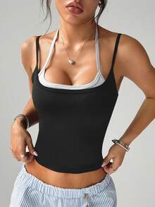 SHEIN Sports Summer Casual Contrast Color Patchwork Sleeveless Sports Top - Black - View 3