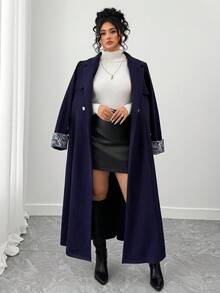 Elenzga Plus Size Women Elegant Jacquard Splice Navy Blue Long Sleeve Long Woolen Coat, Autumn/Winter Fall Cloth For Women - Navy Blue - View 4