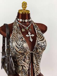 Amplova 女式豹纹涂层深 V 领露背短款上衣和超低腰短裤两件套 - 棕色 - 查看 5