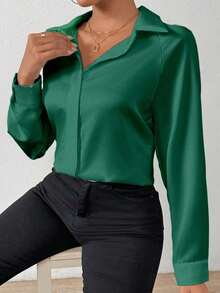 SHEIN PETITE Women's Solid Color Satin Simple Shirt With Asymmetric Hem