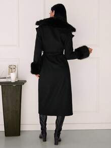 SHEIN Tall 女士优雅简约基本款休闲通勤办公室卡其色外套，带毛领、毛袖和腰带，宽松版型，秋冬 - 黑色 - 查看 2