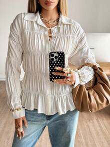 Siren Gaze 1 pieza Camisa de mujer de unicolor con pliegues y manga larga, apta para todas las estaciones, otoño/invierno