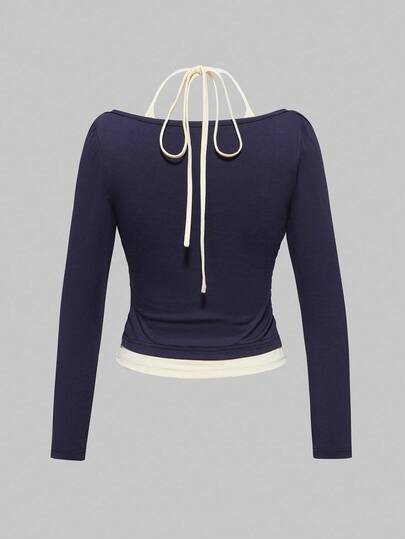ROMWE Avant Contrast Color Mock Neck Long Sleeve T-Shirt
