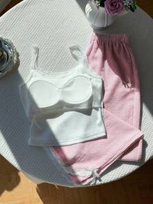 Comfortcana 2 件套女式休闲蕾丝花边吊带背心和红白条纹裤，返校季 2 件套休闲套装 - 紅白色 - 查看 4