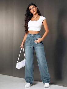 SHEIN Tall 女款直筒口袋牛仔褲，適合高個女性 - 藍色 - 查看 4
