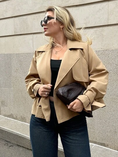 Auralis Plusstorlekar Dam Och Mode Casual Löst Bekvämt Dagligt Grundläggande Mångsidig Klassisk Khaki Kort Trenchcoat, Enkel Stil, Kappor Vår