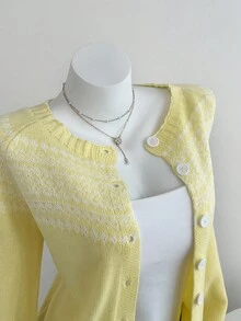 Flirla Women's Cute Outdoor Yellow Graphic Crew Neck Long Sleeve Knit Cardigan, Suitable For Vacation Yellow Cardigan Cottagecore Cardigan. Fall Essentials. - Yellow - View 4
