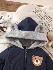 SHEIN 嬰兒/幼兒中性新生兒休閒藍色萬聖節可愛熊刺繡絎縫連帽長袖拉鍊加厚抓絨連身衣外套 秋冬款 - 藍色 - 查看 5
