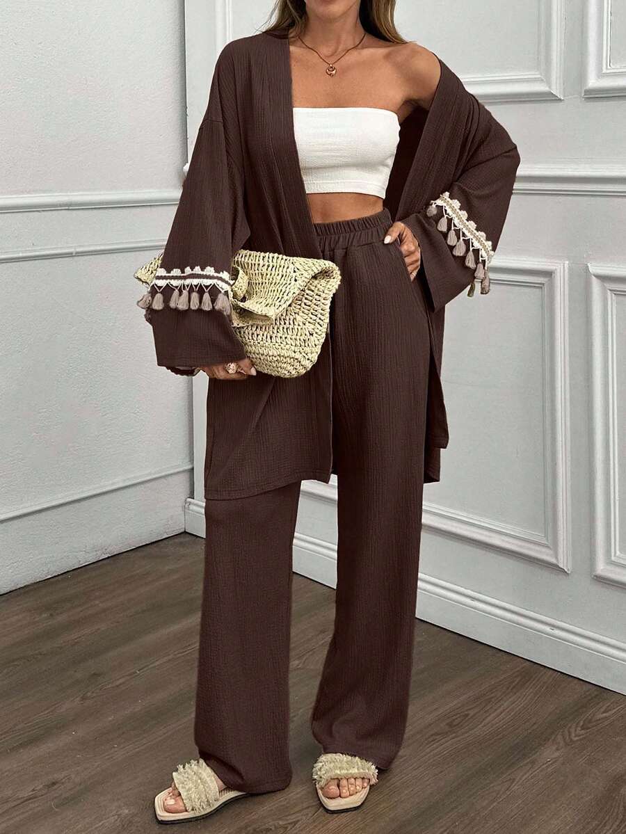 EURMUSE Women, Spring, Summer, Two Set, Kimono, Pant, Trims, Tassel, Elastic Bant, Comfortable, Crinkle Fabric - Brown - View 1