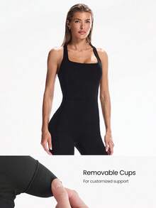 GLOWMODE 26" FeatherFit™ Strap It Good Tummy Control Crisscross Strap Open Back Movement Romper Bodysuit Light Support Low Impact - Black - View 5