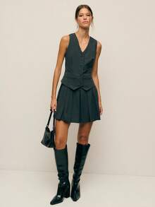 Nöista Elegant Dark Pinstripe Grey Vest,V-Neck Button Front Tailored Silhouette For Summer,Effortless Chic School Back-To-School Workwear,Modern Spring Look - Dark Grey - View 1