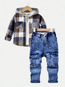SHEIN Explorewe Young Boy Drawstring Waist Cargo Pocket Casual Jeans Autumn Fall - Medium Wash - View 7