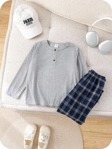 Set 2 buc. pentru băieți și fetițe, drăguț, casual, tricotat, cu mânecă lungă, și pantaloni în carouri, potrivit pentru casă, toamnă/iarnă - Multicolor - Vizualizare 6