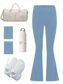 Easithlete Damen einfarbige Yoga-Hosen mit hoher Taille, Seitentaschen und weitem Bein - Blau - Übersicht 6