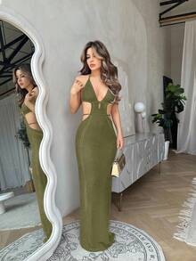 Jemour 罩衫黑色钩针性感深 V 领镂空开衩春夏度假服中长款女式连衣裙 - 軍綠色 - 查看 4