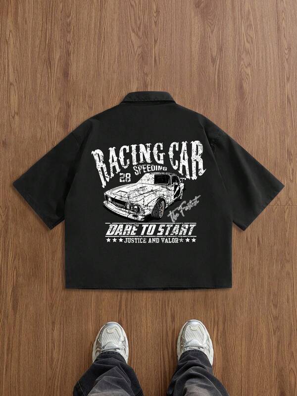 Manfinity Joysei Standard Size Men's Vintage Car Pattern Black Loose Cropped Shirt, Men's Short Top, Suitable For Couple Matching