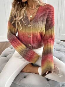 EMERY ROSE Gradient Dropped Shoulder Ribbed Knit Casual Cardigan, Blended Mohair Yarn Fall Winter Cloth For Women, Christmas