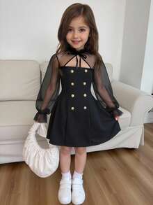 年轻女孩撞色网眼喇叭袖蝴蝶结纯黑色高领双排扣长袖连衣裙，后背蝴蝶结 A 字裙，黑色，返校季，适合秋冬场合、休闲、优雅派对、生日派对、婚礼派对 - 黑色 - 查看 1