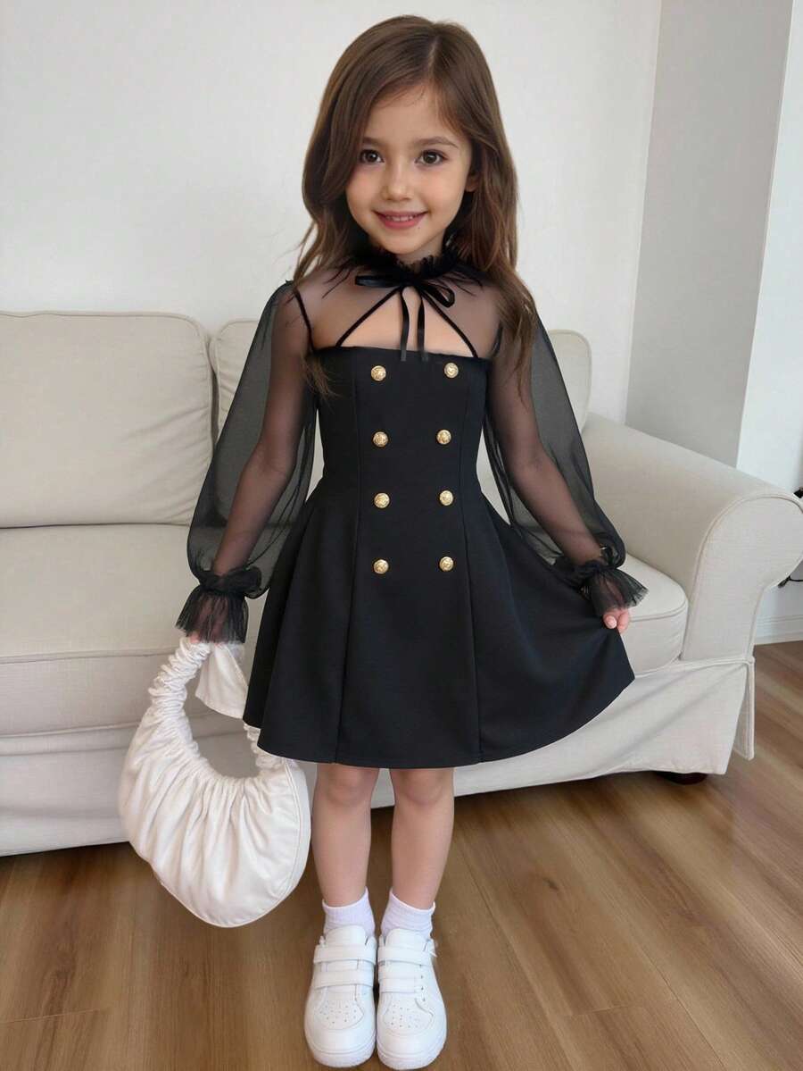 年轻女孩撞色网眼喇叭袖蝴蝶结纯黑色高领双排扣长袖连衣裙，后背蝴蝶结 A 字裙，黑色，返校季，适合秋冬场合、休闲、优雅派对、生日派对、婚礼派对 - 黑色 - 查看 1