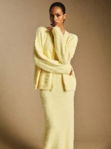 Poéselle Conjunto de 2 peças de cardigan de malha fofo com decote em V e calças soltas para mulheres - Amarelo - Ver 4