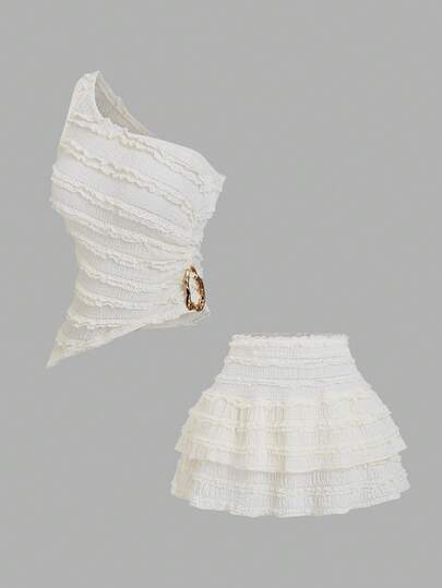 Sweetra Women's Sexy Asymmetric Hem Crop Top And Peplum Mini Skirt Set