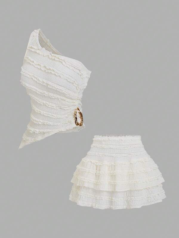 Sweetra Women's Sexy Asymmetric Hem Crop Top And Peplum Mini Skirt Set