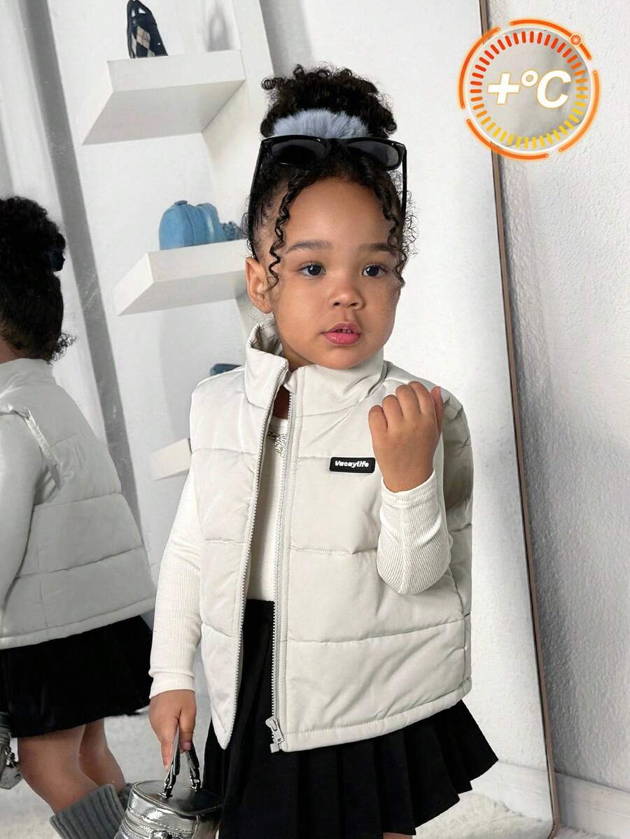 SHEIN Baby Girls Cute Casual Thermal Lined Padded Coat, Suitable For Autumn/Winter Fall - Grey - View 1