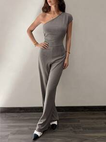 SHEIN Unity 时尚格纹单肩连体裤，修身直筒设计，高端性感，适合时尚女性 - 棕色 - 查看 3