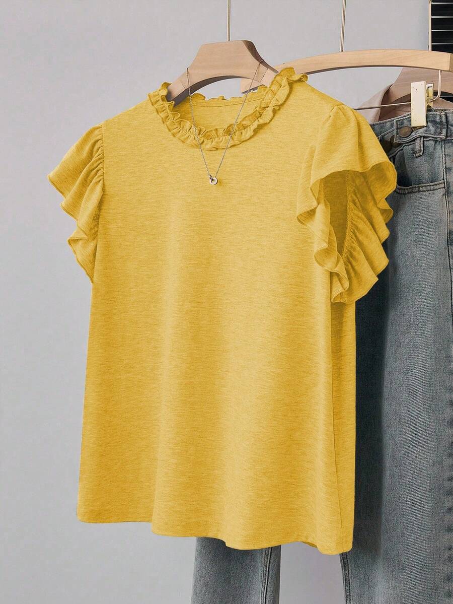 Franclia Women's Casual Loose Fit Gray T-Shirt With Ruffle Trim Crew Neck And Sleeves, Versatile For Commuting, Outings, School, Gatherings, And Home Activities, Spring/Summer - Mustard Yellow - View 1