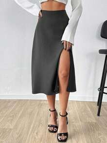 SHEIN Cottnline Women's Solid Color Minimalist A-Line Skirt, Casual Everyday - Grey - View 4