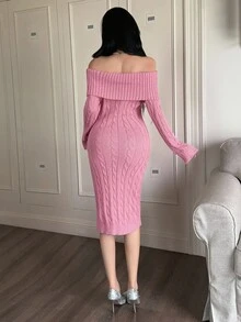 Feyla Women's Tie-Neck Off Shoulder Long Sleeve Fitted Elegant Knit Dress In Fall/Winter - Pink - View 5